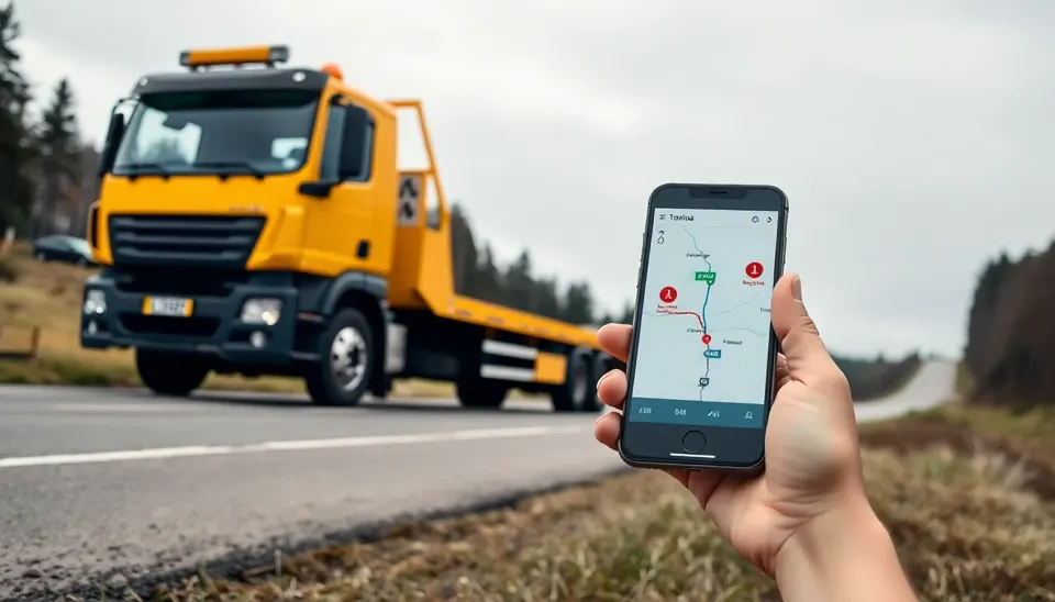 Evakuators Tukumā uz ceļa pirms bojāta auto transportēšanas